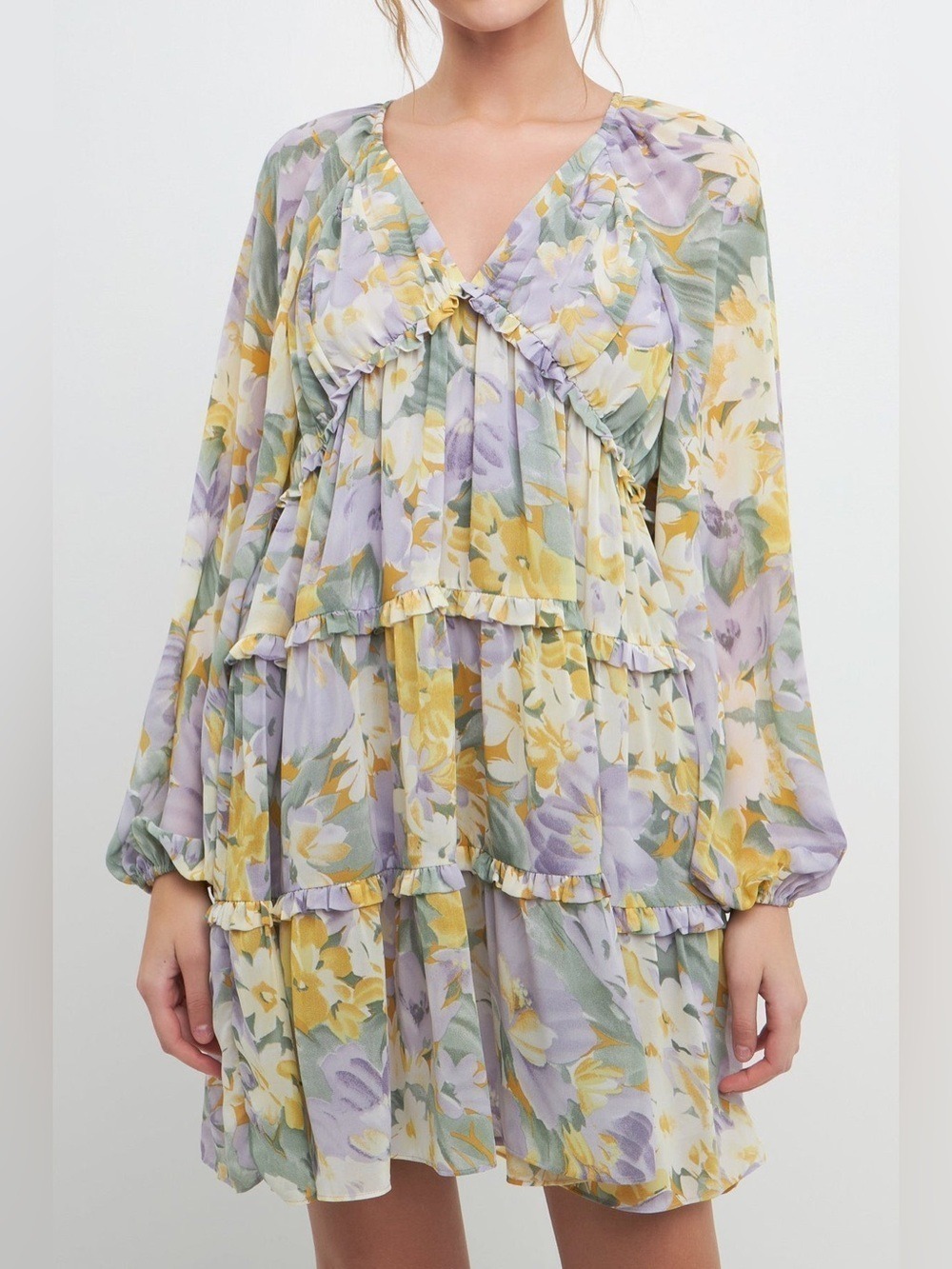 Free The Roses Voluminous Flowy Floral Mini Dress with Long Sheer Puff Sleeves
